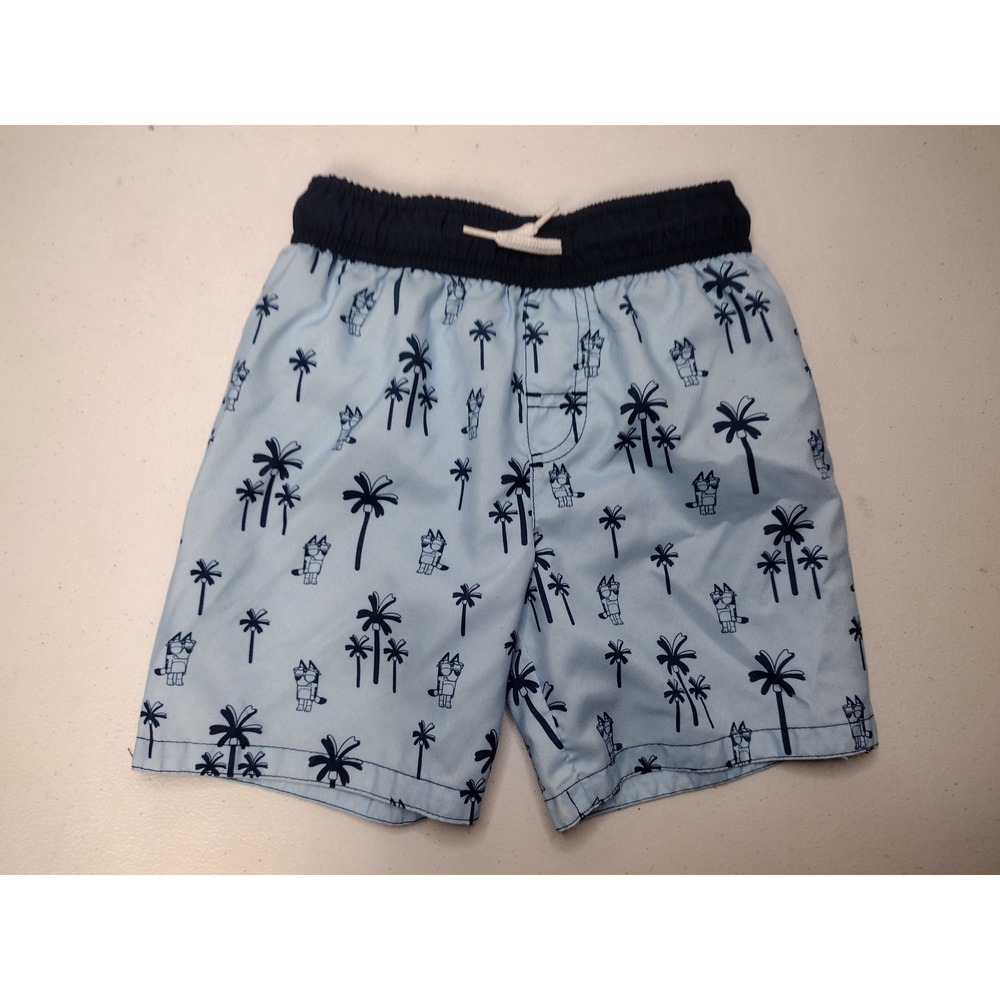 Bluey Kids Light Blue Palm Tree Print Swim Trunks Mesh Lined Size 4T